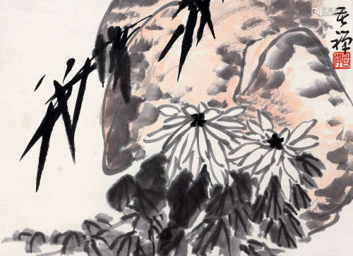 李苦禅（1899-1983） 竹菊 立轴 设色纸本