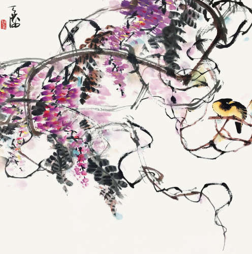 韩天衡（b.1940） 紫藤小鸟 立轴 设色纸本