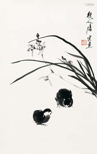 唐云（1910-1993） 兰花小鸟 镜心 水墨纸本