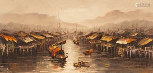 P C Wang (possibly Peter Wang, American)/Fishing Village/oil...