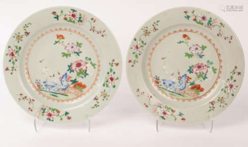 A pair of Chinese famille rose porcelain plates, Qianlong, d...