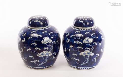 A pair of blue and white Chinese prunus jars and covers, 19t...