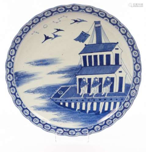 A Japanese blue and white porcelain charger, 19/20th Century...