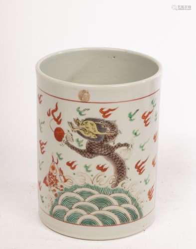 A Chinese Kangxi style famille vert brush pot, decorated wit...
