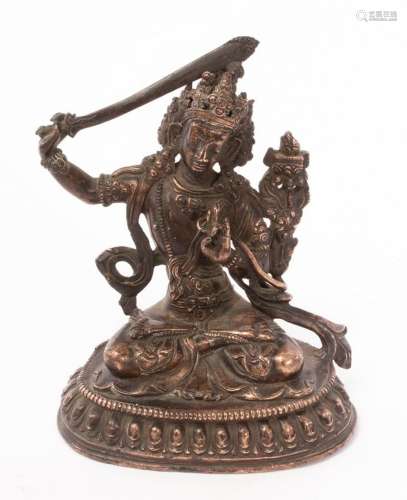 A Chinese brass figure of Bodhisattva, Qing, the figure wear...