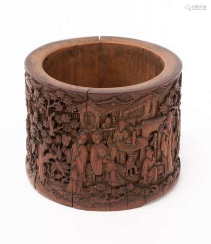 A Chinese bamboo carved brush pot, Qing, finely carved all a...