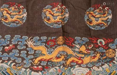 Chinese embroidered fabric, Qing, possibly a part of a robe,...