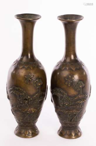 A pair of Chinese bronze vases, 20th Century, decorated on t...