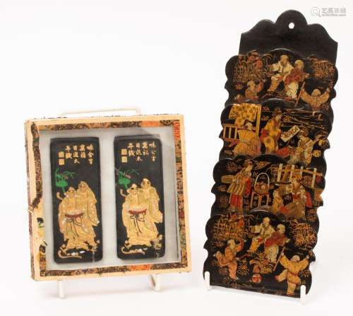 Two Chinese ink blocks in a box and a painted Japanese lacqu...