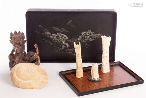 Various oriental sundries including three Indian bone carvin...