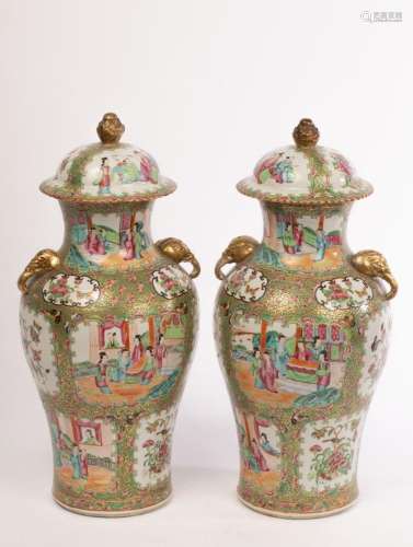 A pair of Chinese export famille rose vases with lids, 19th ...