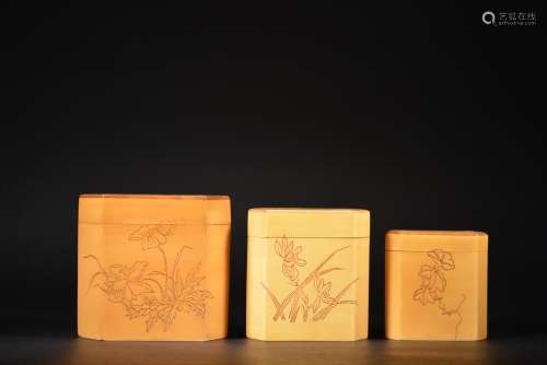 民国 竹黄雕花卉纹茶叶套罐一组三件
