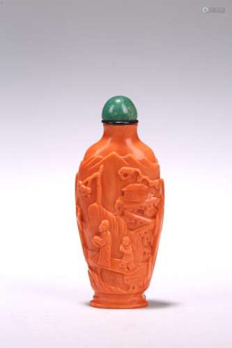 A CHINESE RED CORAL 'FIGURES AND LANDSCAPE' SNUFF BOTTLE