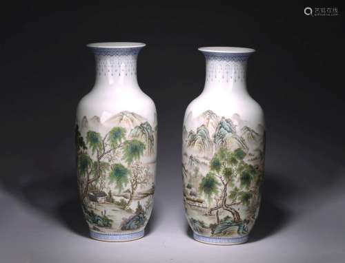 A PAIR OF FAMILLE ROSE INSCRIBED 'LANDSCAPE' VASES