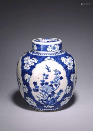 A BLUE AND WHITE 'FLOWERS AND ANTIQUES' JAR