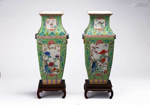 A PAIR OF FAMILLE ROSE GREEN GROUND 'BIRD & FLOWERS' VAS...