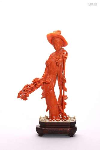 A CHINESE CORAL 'CONSORT RONG' CARVING