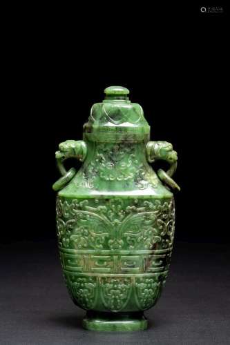 A LARGE SPINACH GREEN JADE 'TAOTIE' VASE