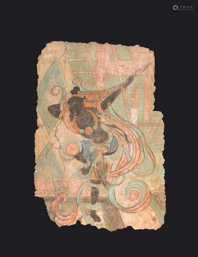 A VERY RARE DUNHUANG STYLE APSARA FRESCO WALL PAINTING