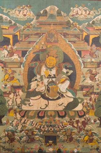 A FRAMED TIBETAN THANGKA OF VAISHRAVANA