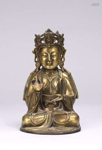 A CHINESE GILT BRONZE FIGURE OF SHAKYAMUNI