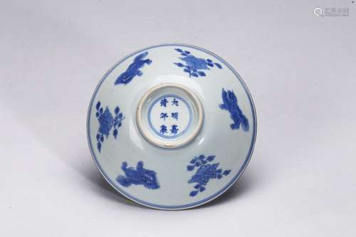 A RARE CHINESE BLUE AND WHITE 'FLORAL AND LION' BOWL