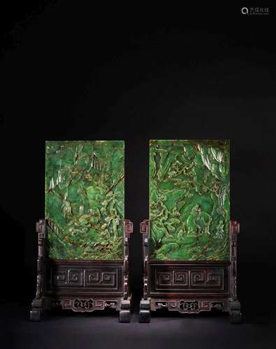 A PAIR OF SPINACH GREEN JADE RECTANGULAR TABLE SCREENS