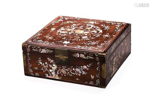 A HARDWOOD MOTHER OF PEARL INLAID JEWELRY BOX