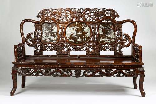 A CHINESE ROSEWOOD MOTHER OF PEARL BENCH