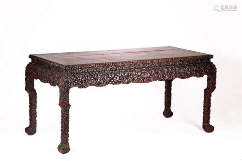 A LARGE CHINESE HARDWOOD 'GOURDS' PAINTING TABLE