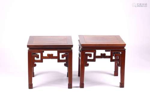 A PAIR OF CHINESE SQUARE HARDWOOD STOOLS