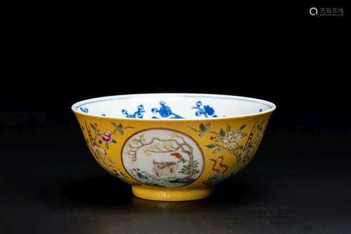 A FAMILLE ROSE YELLOW GROUND MEDALLION BOWL