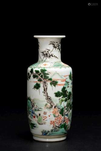 A CHINESE FAMILLE VERTE FIGURES ROULEAU VASE