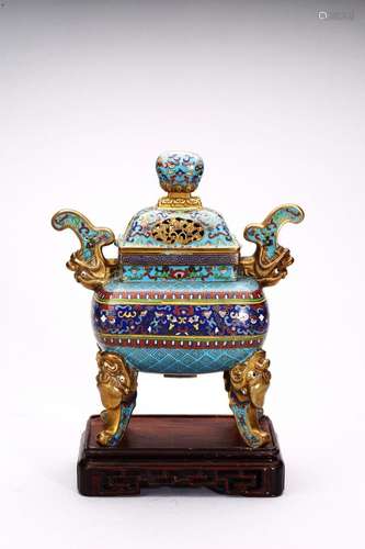 A CHINESE CLOISONNE ENAMEL 'TAOTIE' DING CENSER