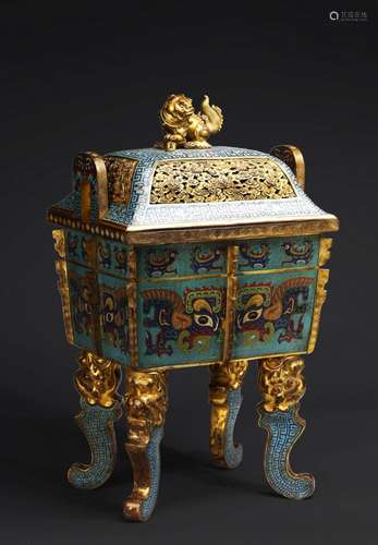 A LARGE GILT BRONZE AND CLOISONNE ENAMEL CENSER AND COVER