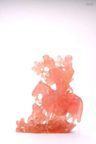 A CHINESE ROSE QUARTZ CARVED 'GUANYIN AND BOYS'