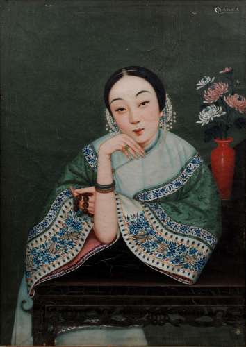 A CHINESE OIL ON CANVAS 'LADY' PAINTING