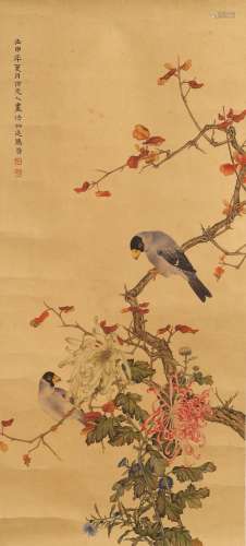 MA JIN: COLOR AND INK ON SILK 'BIRD AND FLOWERS' PAINTING