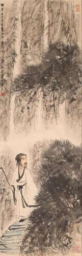 FU BAOSHI: COLOR AND INK 'DU FU COMPOSING POETRY' PAINTING