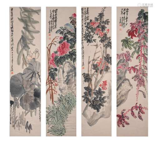 WU CHANGSHUO: 'FLOWERS, LOTUS, AND ROCKS' PAINTINGS