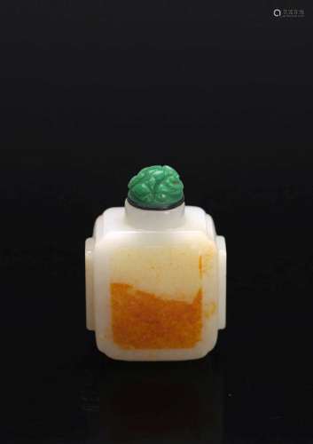 A WHITE JADE LANDSCAPE SNUFF BOTTLE WITH SKIN