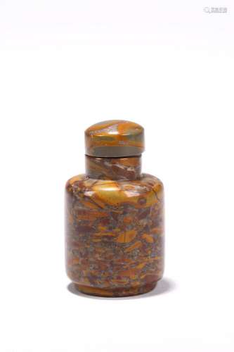 A CYLINDRICAL PUDDINGSTONE SNUFF BOTTLE