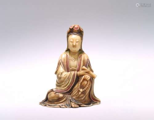A CHINESE PAINTED SOAPSTONE GUANYIN FIGURE