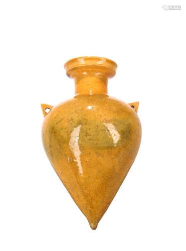 AN UNUSUAL YELLOW GLAZED CONICAL VASE