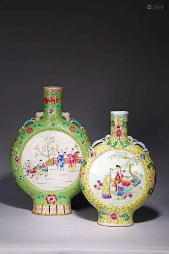 TWO FAMILLE ROSE 'FIGURES' MOONFLASK VASES