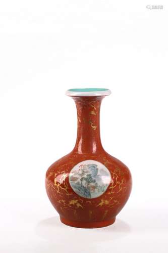 A GILT PAINTED CORAL RED GROUND BOTTLE VASE