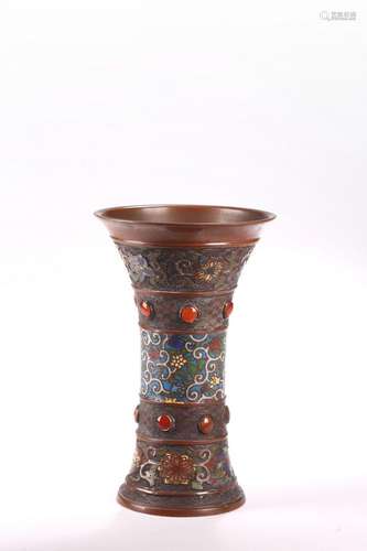 A BRONZE AND CLOISONNE ENAMEL GU VASE