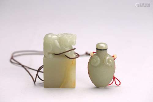 A CELADON JADE SEAL AND SNUFF BOTTLE
