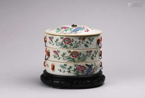 A CHINESE FAMILLE ROSE 'FLOWERS' THREE TIER BOX