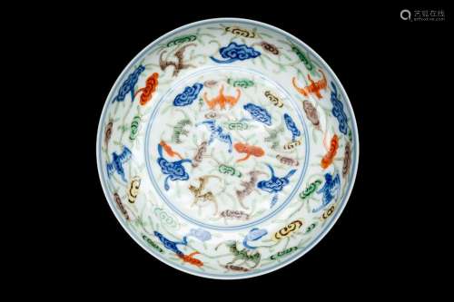 A BLUE AND WHITE ENAMELLED 'BATS' DISH